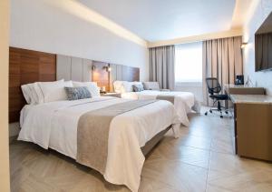 Pokój hotelowy z 2 łóżkami i biurkiem w obiekcie Hotel Plaza Diana w mieście Guadalajara