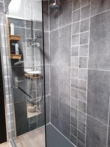 eine Dusche mit Glastür im Bad in der Unterkunft maison bois in Ruaudin