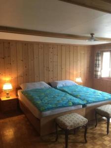 a bedroom with a large bed with a blue blanket at Guggershörnliblick in Guggisberg