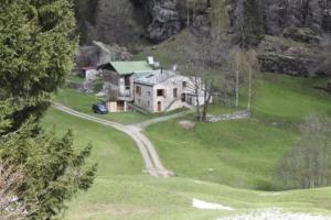 una casa en una colina con césped con un camino en Maiensäss La Scera Val Poschiavo, 