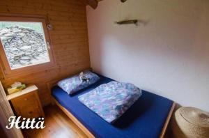een kleine kamer met een blauw bed en een raam bij Alphütte "Hittä" in Simplon-Dorf im sonnigen Wallis in Simplon Dorf