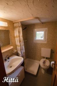 a small bathroom with a sink and a toilet at Alphütte "Hittä" in Simplon-Dorf im sonnigen Wallis in Simplon Dorf