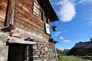 a wooden building with a window and a flower pot on it at Zimmer in uriger rustikalen Alphütte auf bewirtschafteter Alp hoch in den Bergen, inkl VP in Leukerbad