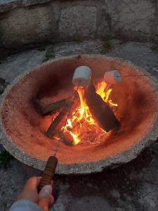 a person is cooking food in a fire pit at Private Garden Lodge in Christchurch, Dorset for 4 - dogs welcome! in Holdenhurst