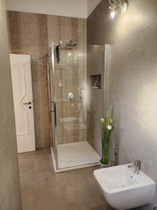 a bathroom with a shower with a sink and a toilet at Apartments Mary Rustic Studio in Novigrad Istria +7 photos