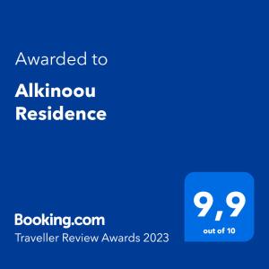 Certifikát, hodnocení, plakát nebo jiný dokument vystavený v ubytování Alkinoou Residence