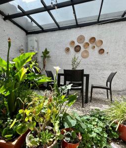 a patio with a table and chairs and plants at Casa Isabel in Cuenca