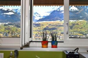 three potted plants sitting on a window sill with mountains at Seeblick - a78060 in Stalden