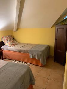a bedroom with two beds and a yellow wall at T3 LES PIEDS DANS L'EAU à ST ANNE in Sainte-Anne