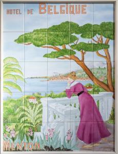 a painting of a woman standing in front of a mural at Hotel De Belgique à Menton in Menton