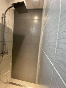 eine Dusche im Bad mit Duschvorhang in der Unterkunft f2 50m2 atypique en souplex vue basilique in Saint-Nicolas-de-Port