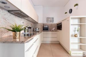 een keuken met witte kasten en marmeren aanrechtbladen bij Pineapple Apartments Palais am Neumarkt - 90 qm - 1x free parking in Dresden