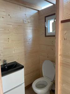 a small bathroom with a toilet and a sink at Chambre Privée Chez l'Habitant in Capbreton