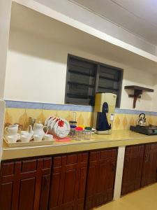 eine Küche mit einer Arbeitsplatte mit Geschirr darauf in der Unterkunft The River Villa in Talpe