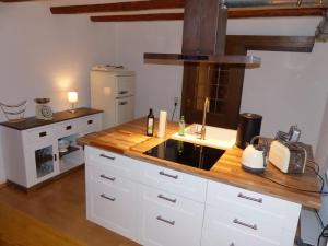 a kitchen with a counter with a sink and a stove at Ferienwohnung "Alte Pleiner Mühle" in Plein