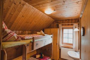 ein Schlafzimmer mit einem Etagenbett in einer Holzhütte in der Unterkunft Alexanderhütte - nur zu Fuß erreichbar in Millstatt