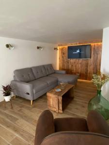 uma sala de estar com um sofá e uma televisão em Chalet Soubeyran em Guillaumes