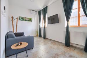 a living room with a blue couch and a table at Ob Krki Apartments in Kostanjevica na Krki