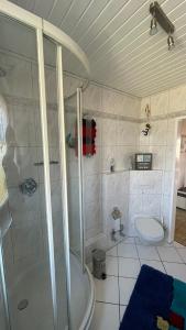 a bathroom with a shower and a toilet at Ferienwohnung Nordlichter Bremerhaven in Bremerhaven