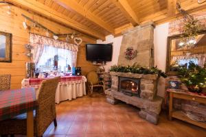 a living room with a fireplace and a tv at Chata Góralska Aggeusz in Wisła