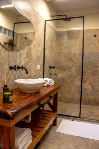 ein Bad mit einem Waschbecken und einer Dusche in der Unterkunft Momora distrito selva in Santa Ana