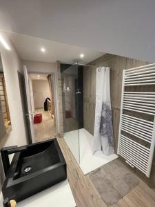 uma casa de banho com uma cabina de duche em vidro e um lavatório. em Joli gîte au cœur du Cézallier 3étoiles em Landeyrat