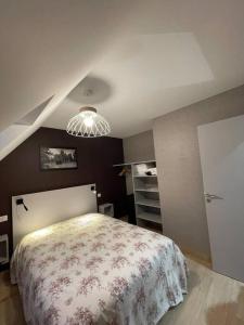 um quarto com uma cama e um lustre em Joli gîte au cœur du Cézallier 3étoiles em Landeyrat