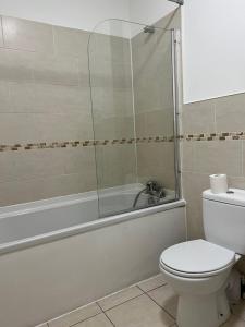 a bathroom with a shower and a toilet and a tub at 2 bedroom city centre apartment 35 Victoria street in Liverpool +1 photo