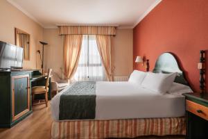 een hotelkamer met een groot bed en een televisie bij Hotel Rio Badajoz in Badajoz