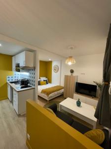 un salon avec une cuisine et un salon avec un canapé dans l'établissement Superbe Studio Meublé - Houdan, à Houdan