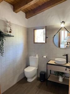 a bathroom with a toilet and a sink and a mirror at Apartamentos Rurales En Plena Sierra in La Calera