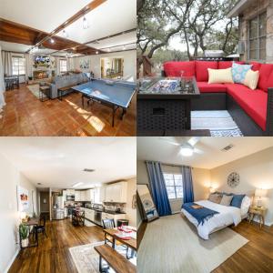eine Collage mit vier Fotos von einem Wohnzimmer und einer Küche in der Unterkunft Gorgeous rustic home near River Walk and Sea World in San Antonio