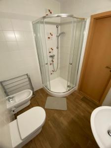 Un baño con ducha, inodoro y lavabo. en Studio 101 Fatrapark 1 Ružomberok, en Ružomberok 10 fotos más