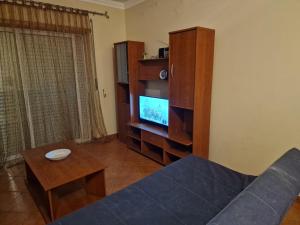 a living room with a blue couch and a tv at Mar Salgado Apartment in Armação de Pêra