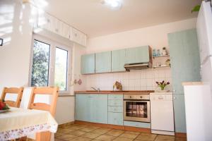 a kitchen with blue cabinets and a stove at Villa Claudia Lemon Appartment in Premantura