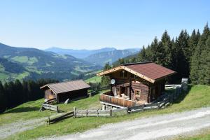 twee houten gebouwen op een heuvel met bergen op de achtergrond bij Chalet zum Feldalphorn Prädasten WILD605 in Schwarzenau