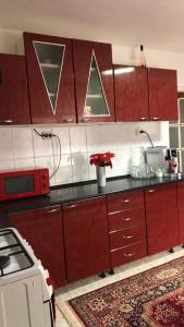 cocina con armarios rojos y microondas rojo en Casa la Raisa en Lupeni