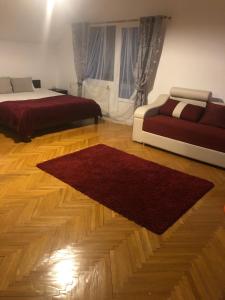 1 dormitorio con 2 camas y alfombra en Casa la Raisa en Lupeni
