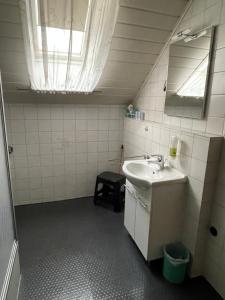 La salle de bains est pourvue d'un lavabo et d'un miroir. dans l'établissement FeWo Spoth - Rust/Europa-Park, à Rust