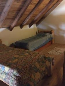 2 camas en una habitación con techos de madera en Villa Pehuenia en Villa Pehuenia