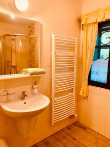 a bathroom with a sink and a mirror and a window at Chalupy Betlém Hlinsko in Hlinsko