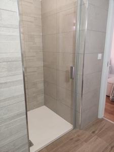 a shower with a glass door in a bathroom at Armada Sacra A Teixeira in Ourense