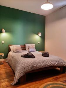 a bedroom with a large bed with a green wall at Proche gare, cosy, courte et moyenne durée in Bellegarde-sur-Valserine