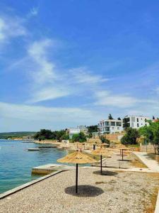 a beach with an umbrella next to the water at Two-Bedroom Apartment in Maslenica I in Šarić