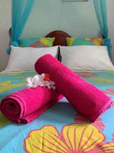 een roze handdoek op een bed bij <CASA COLIBRI> La Désirade in Les Galets