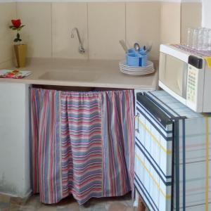 una cocina con encimera y microondas. en Cantinho Jóia, en Aparecida