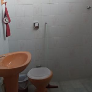 y baño con aseo y lavamanos. en Cantinho Jóia, en Aparecida