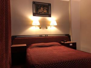 1 dormitorio con 1 cama roja y 2 luces en la pared en Queen Hotel Fayoum en Fayoum