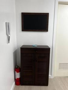 a flat screen tv on a wall with a wooden cabinet at Haldis Suites in San Fernando