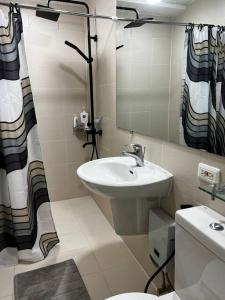 a bathroom with a sink and a toilet and a mirror at Haldis Suites in San Fernando